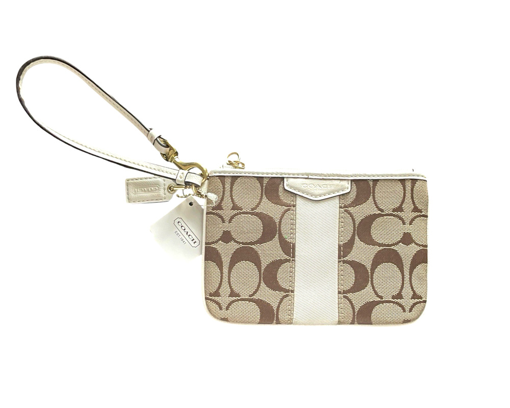COACH F51158 NWT Khaki Signature Canvas Ivory Leather Trim Wristlet Bag Hang Tag